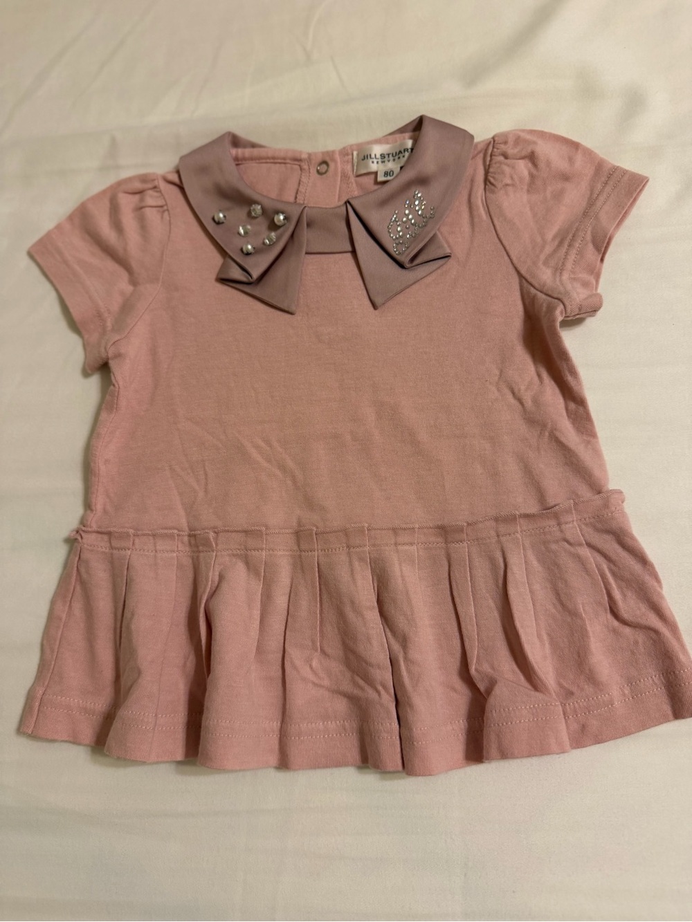 Jill Stuart Pink Short-Sleeve Peplum Top with Embellished Bow Collar